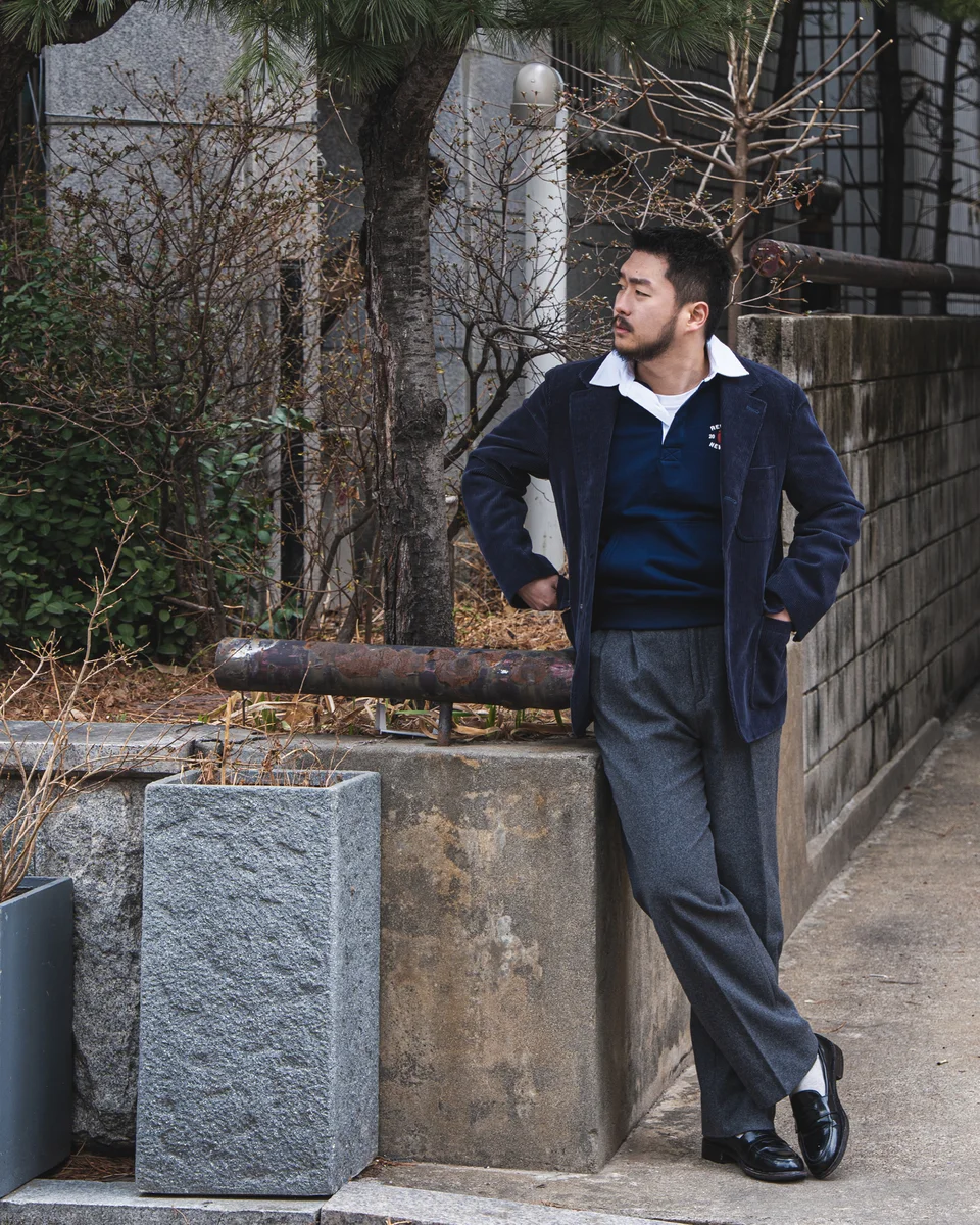 rugby collar sweatshirt outfit - Corduroy Blazer & Rugby Sweatshirt Look