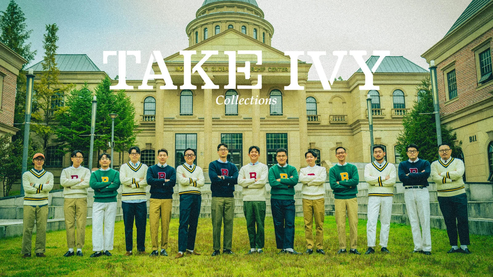 Take Ivy In Korea 2023 — Renacts and MELAVORO Gentlemens Club group portrait at Yangpyeong English Village, the campaign's opening frame