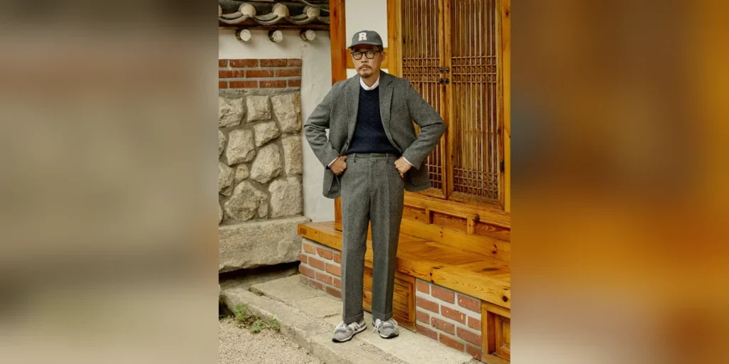Crewneck sweater under herringbone blazer — Seoul Traditional three-layer outfit at a hanok doorway