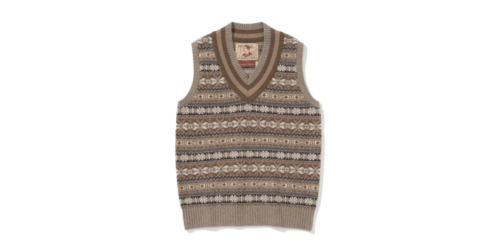 Fair Isle Knit History: From the Prince of Wales to Ivy League — the Renacts Wool Fair Isle Vest, 100% Merino, V-neck, brown/cream/navy palette