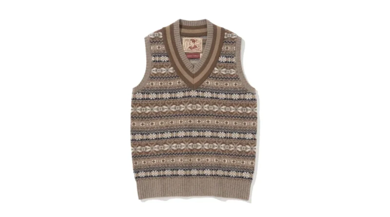 Fair Isle Knit History: From the Prince of Wales to Ivy League — the Renacts Wool Fair Isle Vest, 100% Merino, V-neck, brown/cream/navy palette