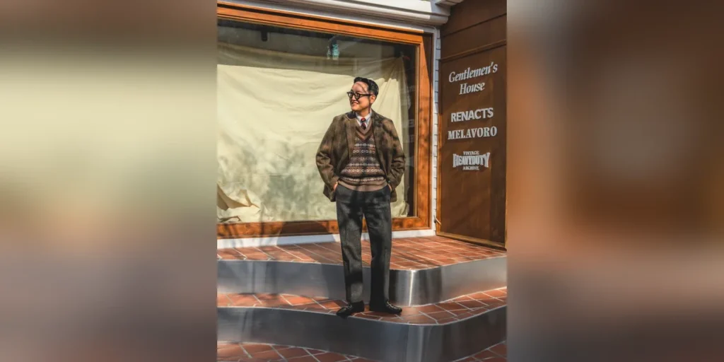 How to Wear a Fair Isle Vest: 12 Outfit Formulas — Gun Club tweed sport coat over Fair Isle vest with charcoal grey slacks and black Berwick horsebit loafers, at Gentlemen's House Seoul