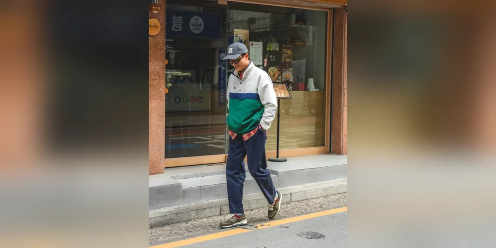 Navy Chino Pants Outfit: Anorak & Madras Layered Look