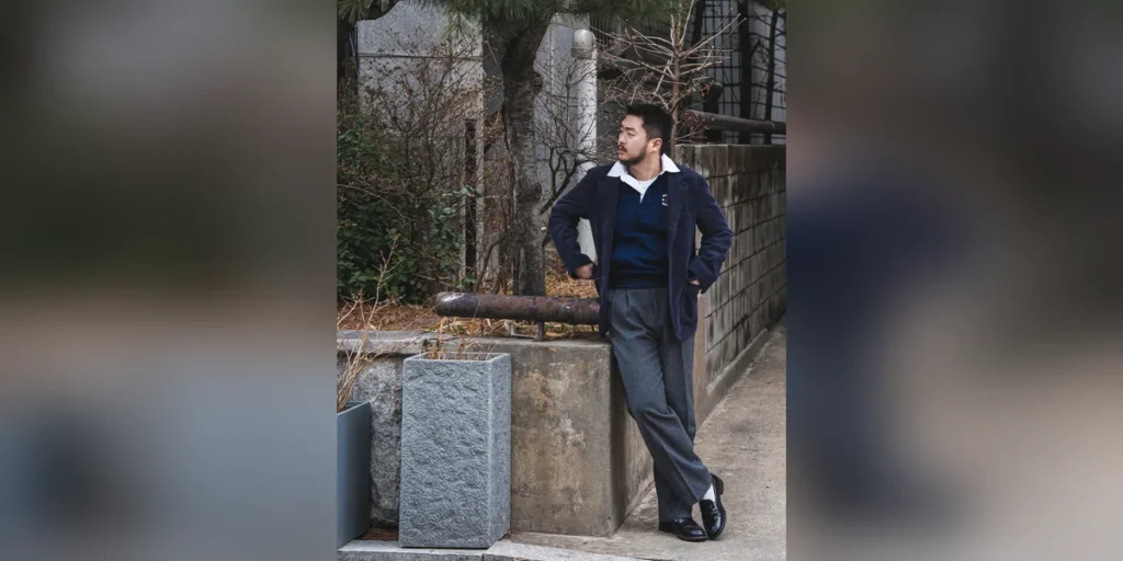 Rugby Collar Sweatshirt Outfit with Corduroy Blazer