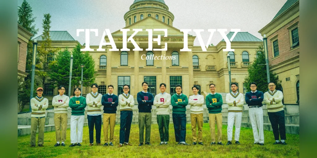 Seoul Trad Take Ivy campaign 2023 featured thumbnail — thirteen Renacts and MELAVORO members in collegiate letterman sweaters at Yangpyeong English Village, autumn 2023