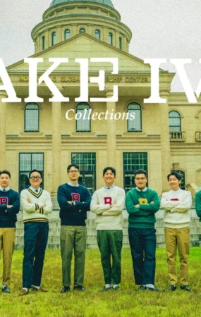 Seoul Trad Take Ivy campaign 2023 featured thumbnail — thirteen Renacts and MELAVORO members in collegiate letterman sweaters at Yangpyeong English Village, autumn 2023