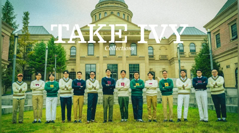 Seoul Trad Take Ivy campaign 2023 featured thumbnail — thirteen Renacts and MELAVORO members in collegiate letterman sweaters at Yangpyeong English Village, autumn 2023