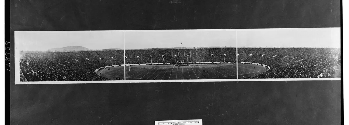 Yale Ivy style — The Yale Bowl during the 1914 Yale-Harvard football game, the stadium that hosted generations of students in raccoon coats and tweed