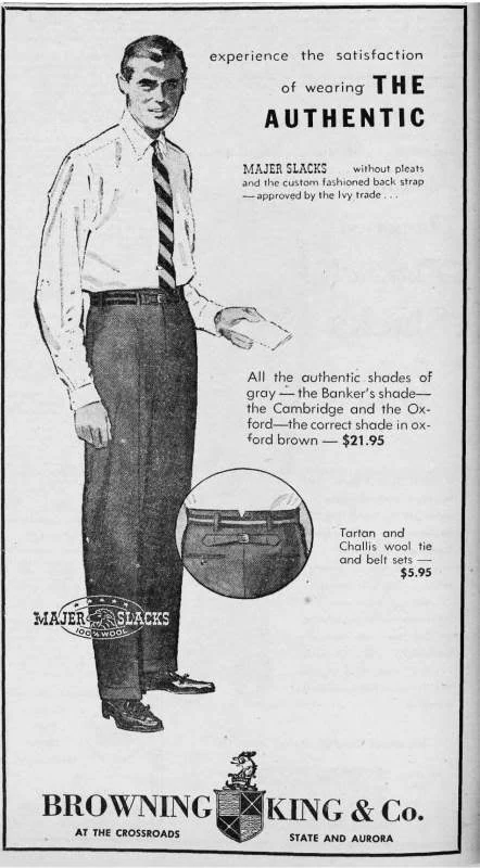 Cinch back chino history at peak — 1955 Cornell Browning King Majer Slacks newspaper ad with custom-fashioned back strap
