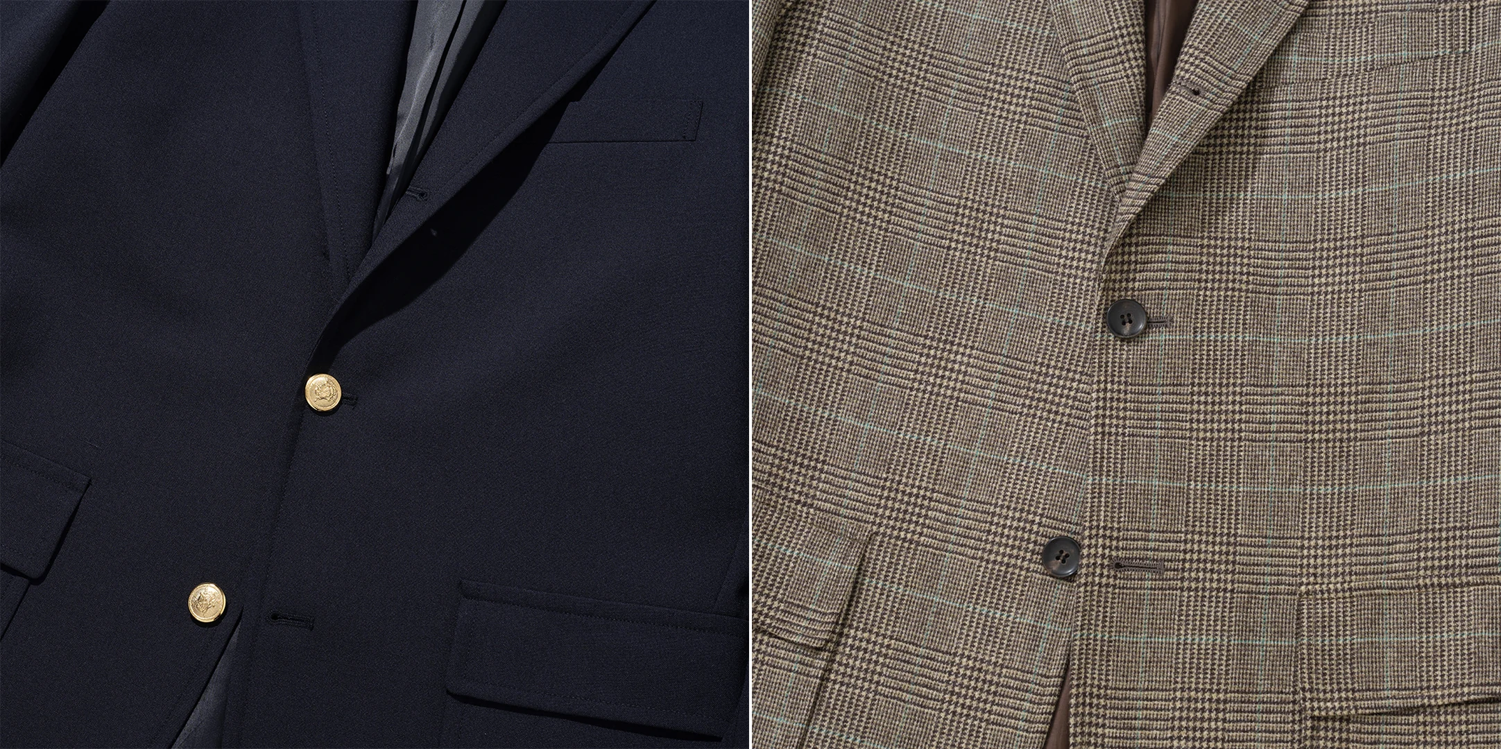 Blazer vs sport coat buttons close-up: Renacts Navy Hopsack Blazer gold metal buttons (left) and Renacts Glen Check Tweed Sack Cut Blazer horn buttons (right) showing the canonical Trad button difference confirming category beyond retail label