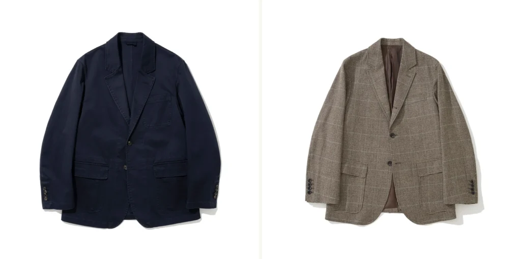 blazer vs sport coat hero comparison: Garment Washed Sports Jacket Navy solid cotton (left) representing blazer category and Abraham Moon Glen Check Tweed Sack Cut Blazer (right) representing patterned sport coat the Trad difference visualized