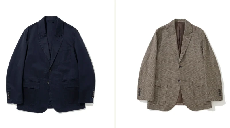 blazer vs sport coat hero comparison: Garment Washed Sports Jacket Navy solid cotton (left) representing blazer category and Abraham Moon Glen Check Tweed Sack Cut Blazer (right) representing patterned sport coat the Trad difference visualized