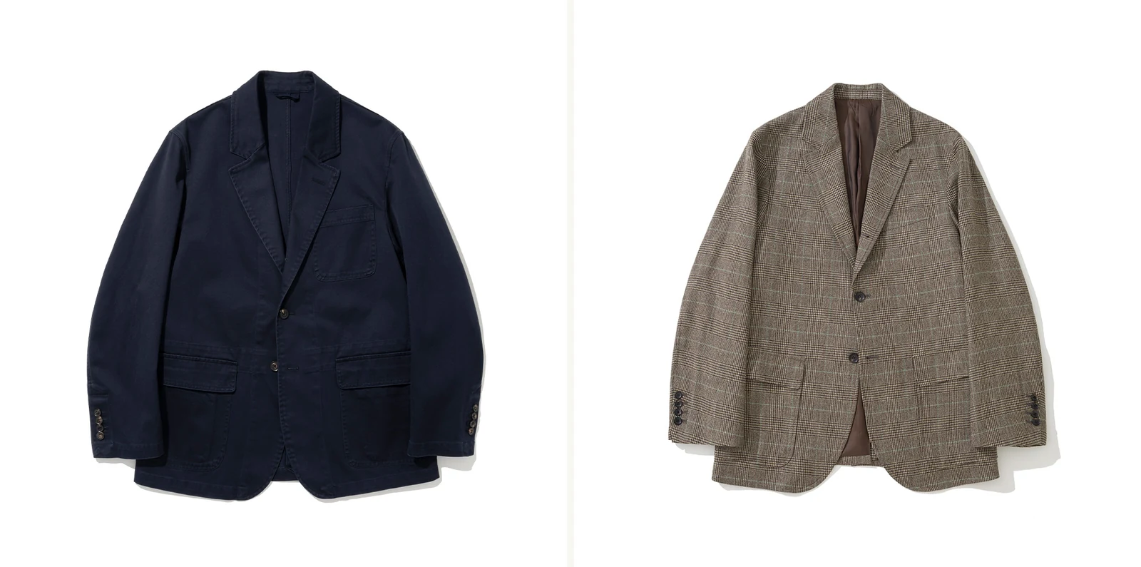 blazer vs sport coat hero comparison: Garment Washed Sports Jacket Navy solid cotton (left) representing blazer category and Abraham Moon Glen Check Tweed Sack Cut Blazer (right) representing patterned sport coat the Trad difference visualized