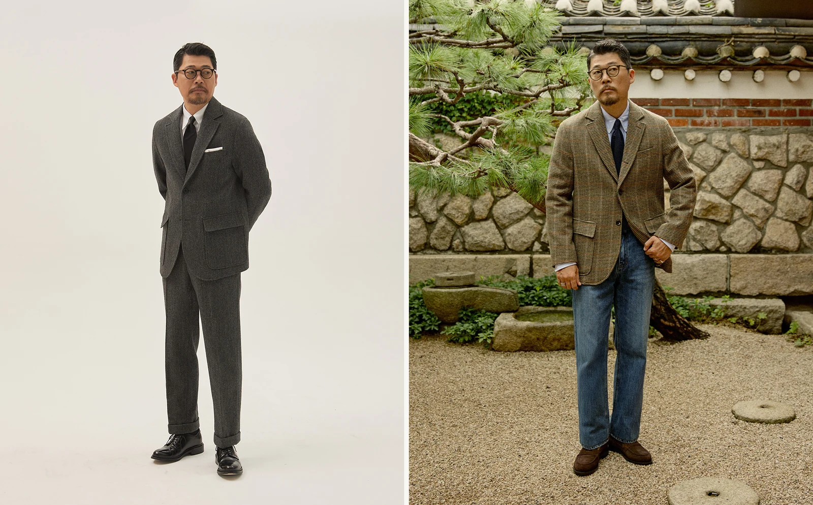 blazer vs sport coat matched vs odd: Herringbone Sack Cut Blazer with matched grey trouser as country tweed suit (left) and Gun Club with odd denim trouser as standalone sport coat (right), the configuration distinction