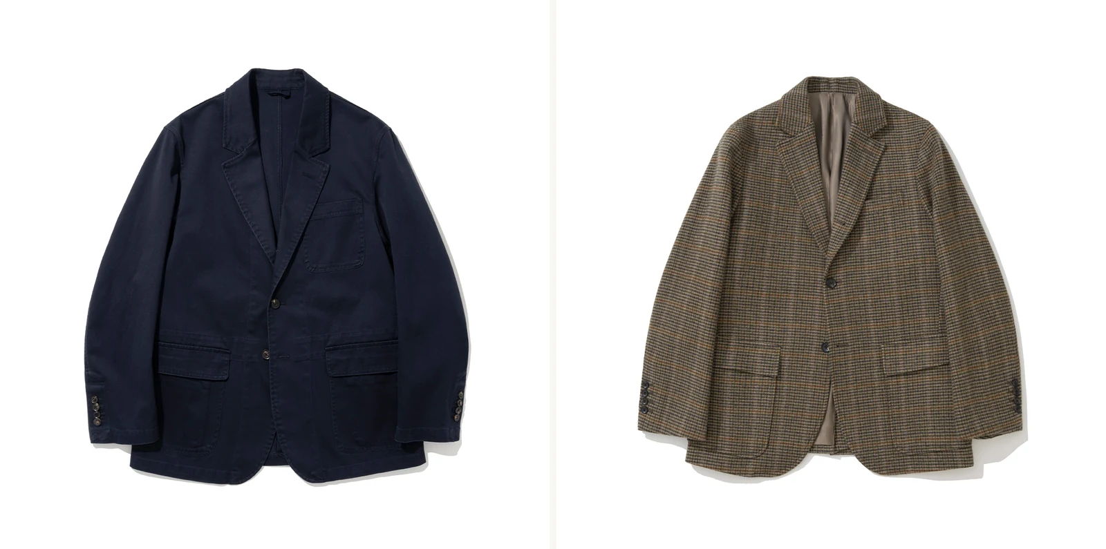 blazer vs sport coat solid vs patterned: solid navy cotton Garment Washed Sports Jacket (left) and patterned wool Gun Club Check Sack Cut Blazer (right), the visual rule that defines blazer versus sport coat