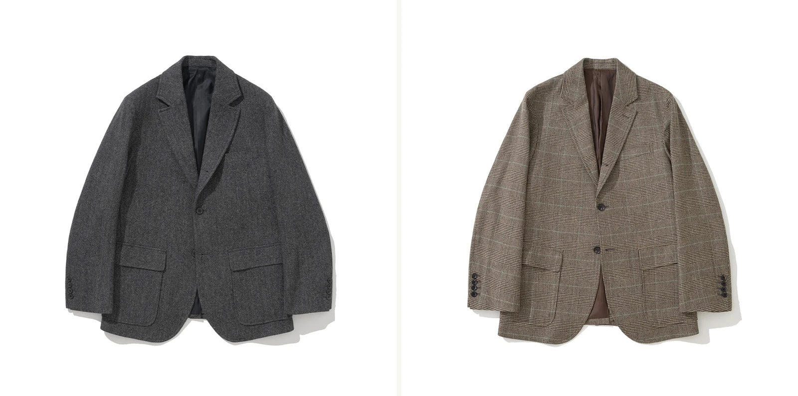 blazer vs sport coat two patterned sport coats: Herringbone Grey Sack Cut Blazer (left) and Glen Check Tweed Sack Cut Blazer (right), both Trad sport coats by definition despite Renacts retail naming as blazer per Korean menswear convention