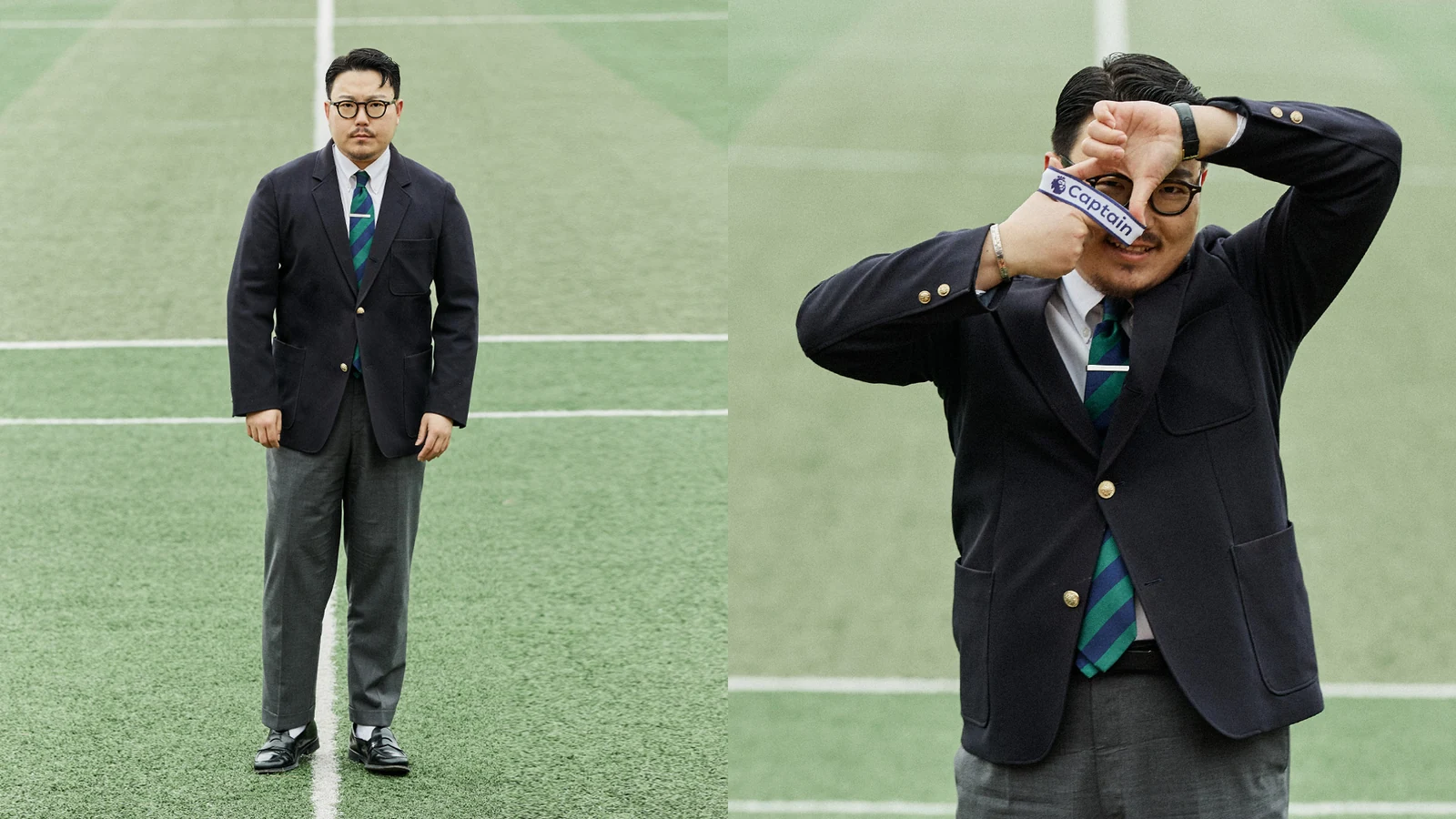 Gentlemens Football Club captain sartorial diptych: Lee Tae-yeol full body in navy single-breasted blazer with regimental tie standing on football field (left) and same captain wearing white captain armband held to camera in close-up (right)