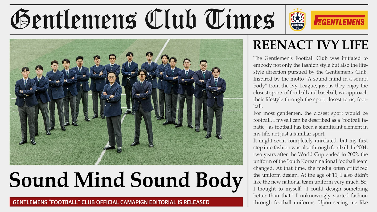 Gentlemens Football Club hero: Gentlemens Club Times newspaper-style cover featuring sixteen members on a football field with REENACT IVY LIFE Sound Mind Sound Body headline editorial campaign