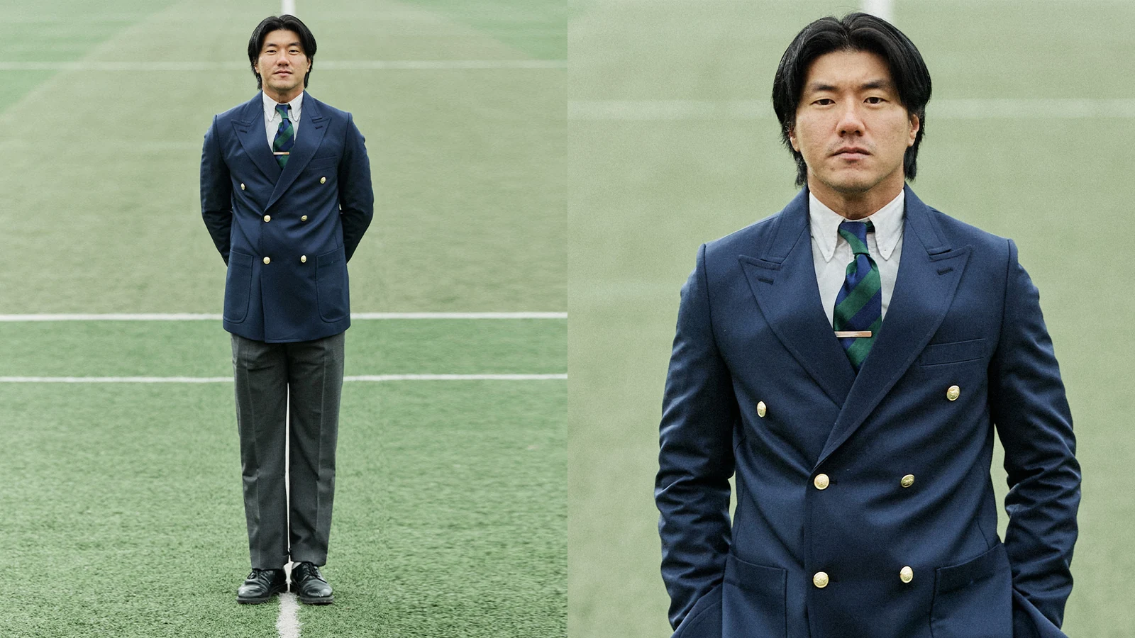 Gentlemens Football Club sartorial double-breasted portrait: member in navy double-breasted gold-button blazer with regimental tie diptych full body and chest detail close-up at Guri Wangsuk pitch