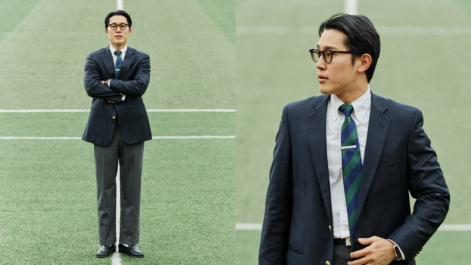 Gentlemens Football Club sartorial portrait: member in single-breasted navy blazer with green and navy regimental tie tie clip arms crossed full body and headshot diptych on football pitch