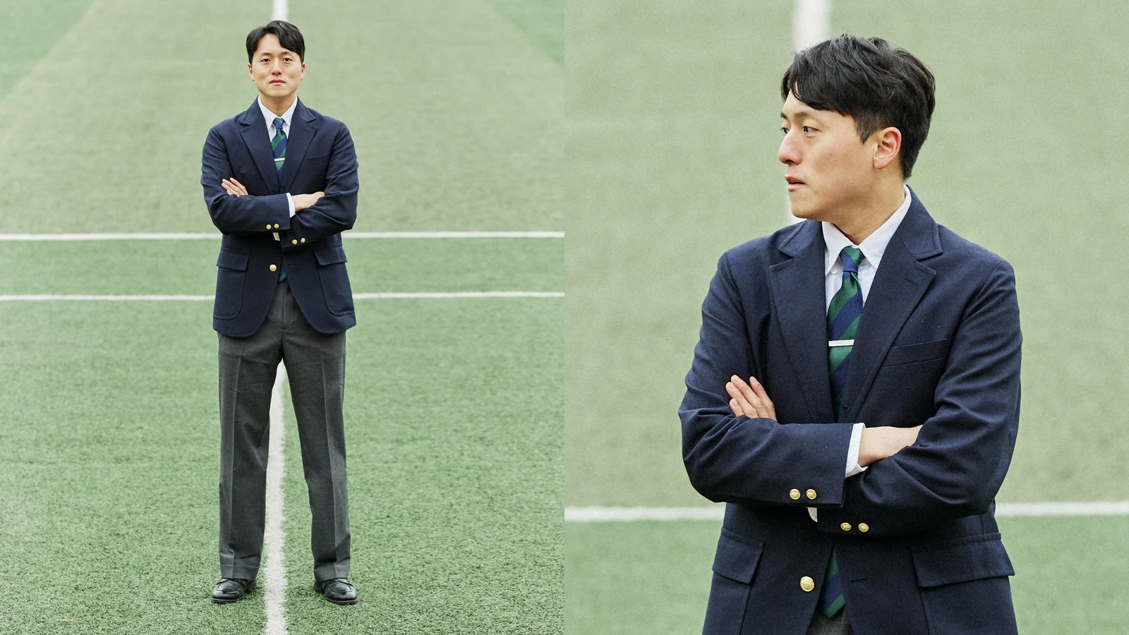 Gentlemens Football Club sartorial portrait diptych: member in single-breasted navy blazer with regimental green tie standing on the football pitch full body and headshot side angle