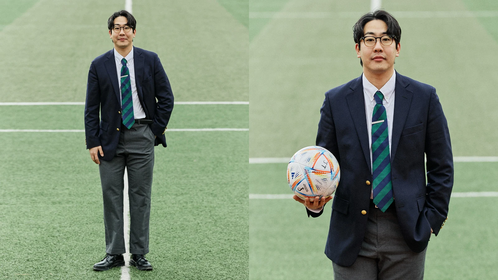 Gentlemens Football Club sartorial portrait with football: member in navy blazer regimental tie holding a football diptych full body and close-up at Guri Wangsuk centre line
