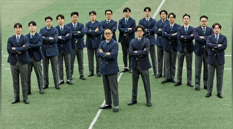 Gentlemens Football Club Sound Mind Sound Body thumbnail: sixteen members of the football club standing arms crossed in navy gold-button single and double-breasted blazers grey wool pipe stem trousers and regimental ties on the centre line at Guri Wangsuk Sports Park — captain Lee Tae-yeol at front centre