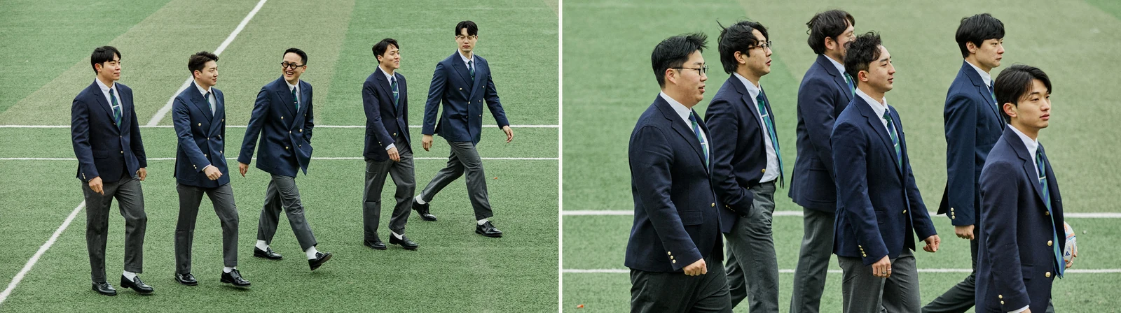 Gentlemens Football Club walking suits pair: five members in navy blazers walking toward camera (left) and six members in single and double-breasted blazers walking sideways with football (right) at Guri Wangsuk pitch