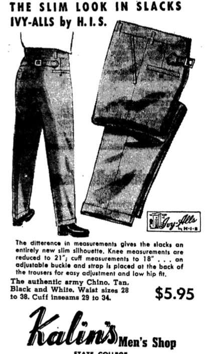 Cinch back chino history endgame — 1958 H.I.S. Ivy-Alls newspaper ad citing the adjustable buckle and strap at the back of the trousers