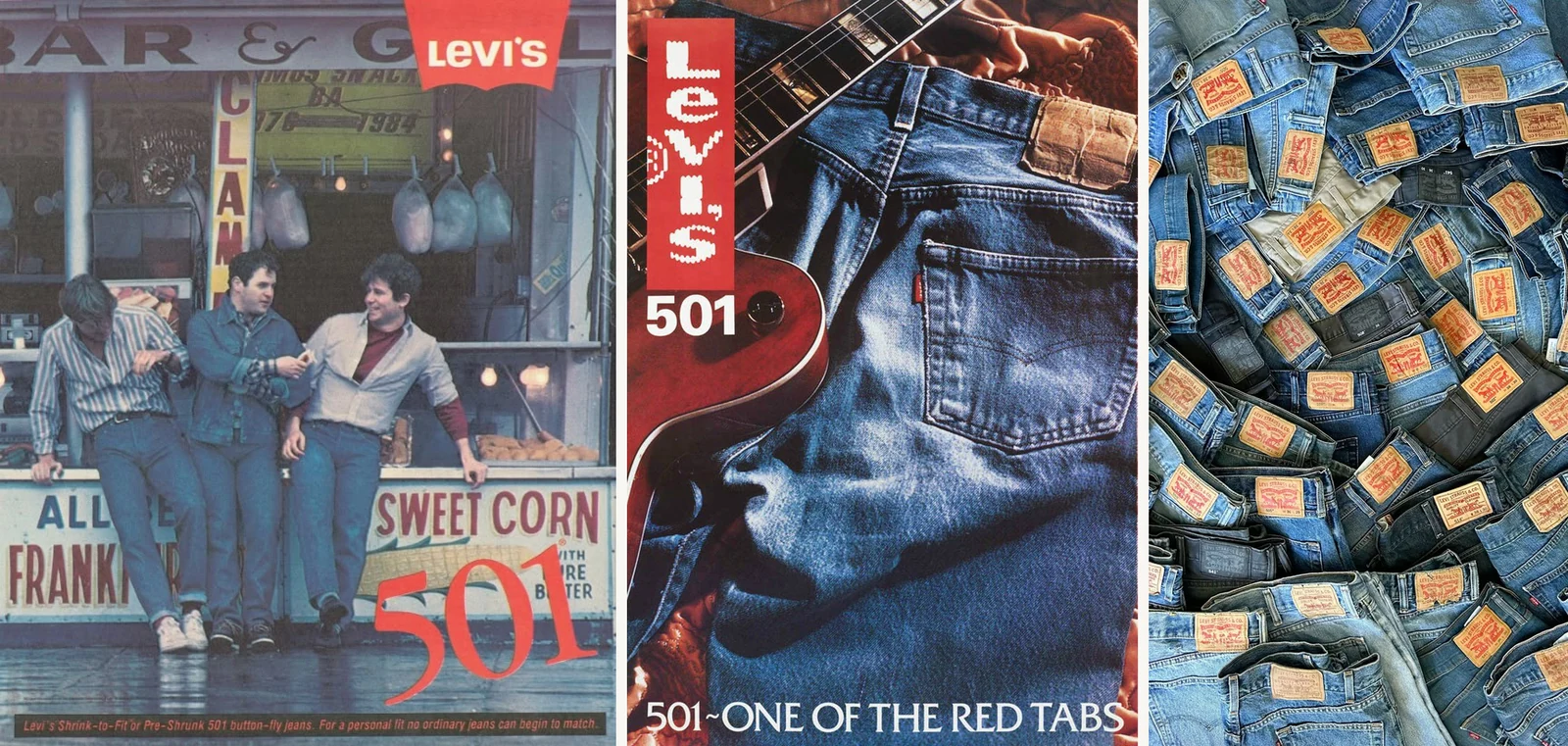Levi 501 history closing cultural Americana triple: 1976-1984 Levi's 501 Shrink-to-Fit vintage advertisement showing three young men at a Bar and Grill clam shack (left), 501 — One of the Red Tabs vintage poster with electric guitar against jeans (center), and a pile of Levi's 501 jeans showing the brand's leather patch ubiquity (right) representing 501 cultural embedding from rebellion to reproduction