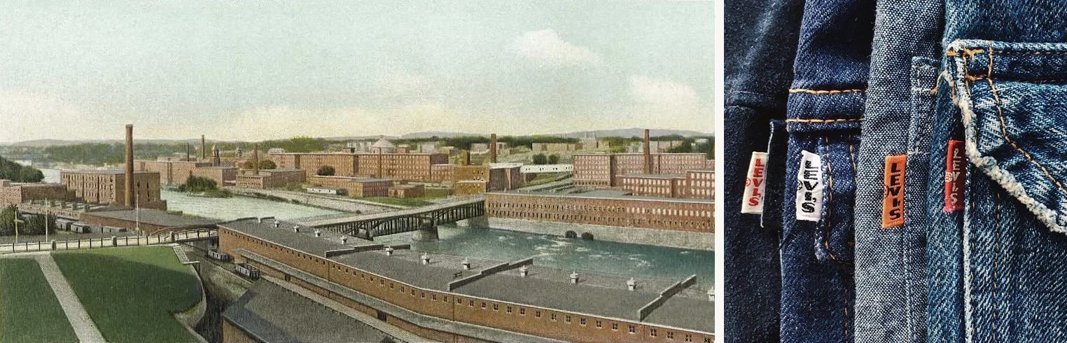 Levi 501 history Amoskeag mill and Red Tab variations pair: Amoskeag Manufacturing Company panorama Manchester NH 1911 (left) supplying the early 501 denim, and four Red Tab variations side-by-side showing the 1936 introduction and subsequent era variants (right)