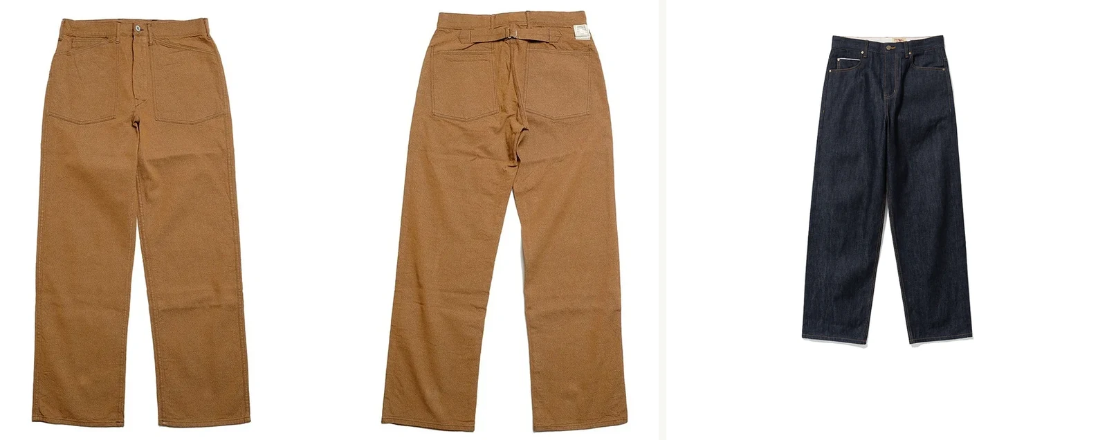 Levi 501 history archive-strict reproduction pair: Buzz Rickson WWI brown denim reproduction (left) Toyo Enterprise Japan archive-strict approach, and Renacts Cone Mills Selvedge Tailored Regular Indigo (right) Korean continuation using pre-2017 White Oak inventory