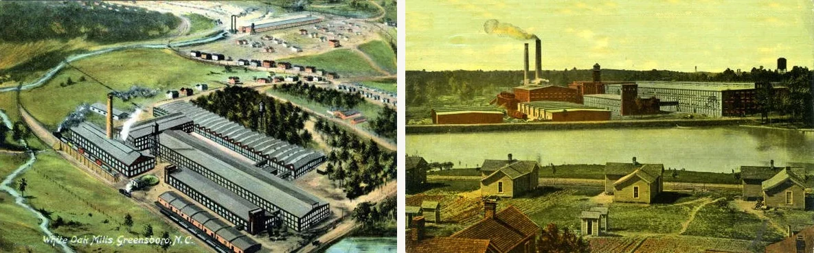 Levi 501 history Cone Mills White Oak Mills Greensboro NC: 1909 factory exterior (left) and 1914 mill village (right), the source of Levi's selvedge denim from 1915 to 2017
