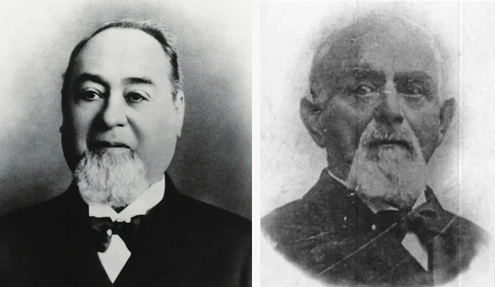 Levi 501 history founders: portrait of Levi Strauss (left) and Jacob W. Davis (right), the San Francisco wholesaler and the Reno tailor who co-filed US Patent 139,121 in 1873
