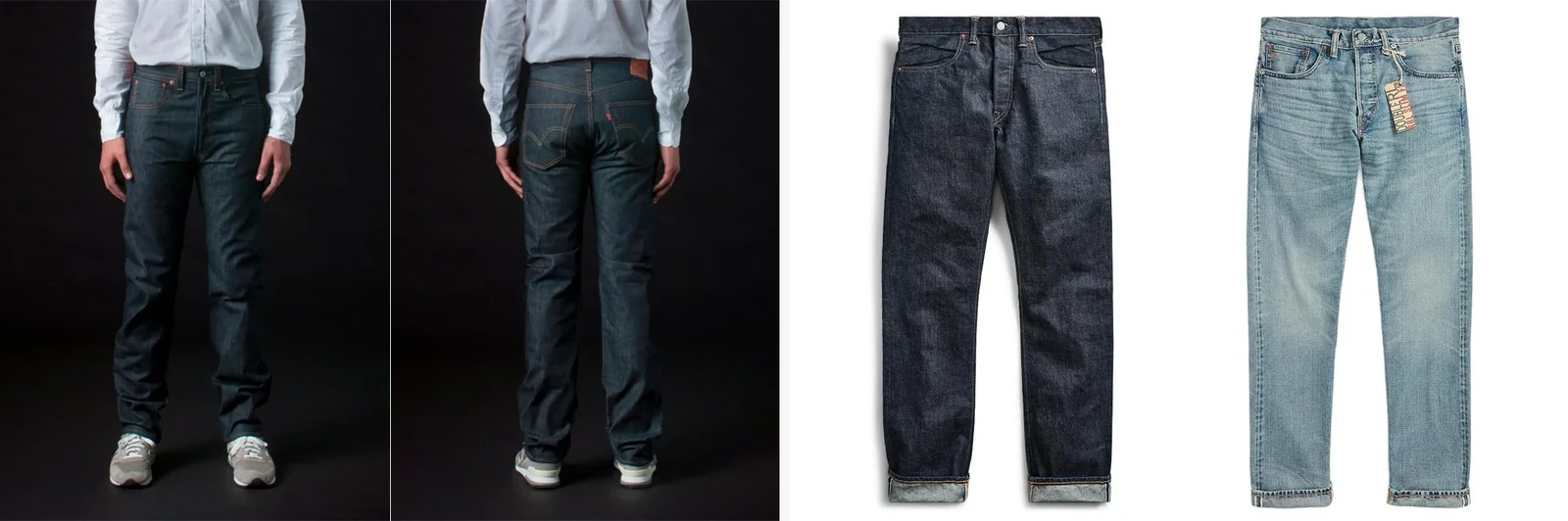 Levi 501 history reproduction American brands pair: LVC 1947 501XX raw denim (left) Levi Strauss in-house archive line, and RRL Slim Fit selvedge denim (right) Ralph Lauren heritage label