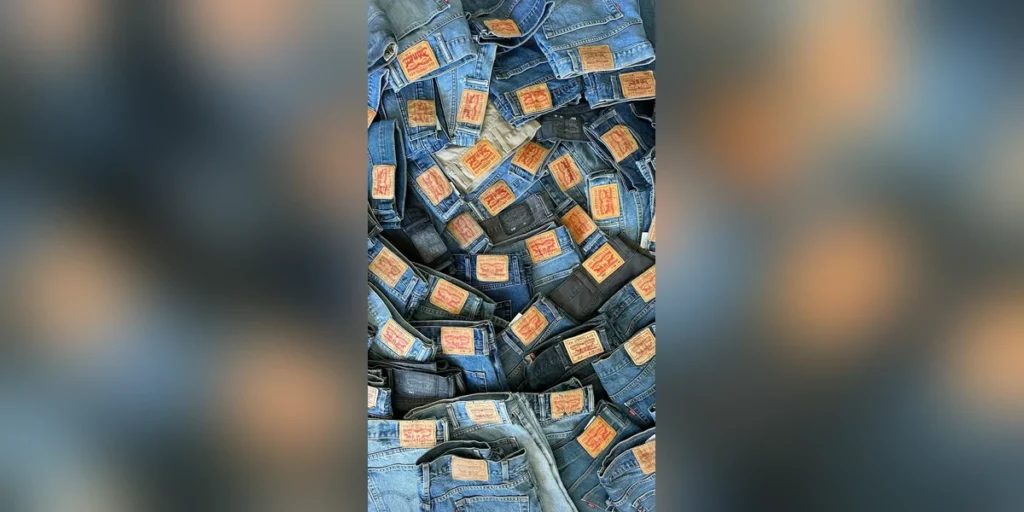 Levi 501 history thumbnail: pile of Levi's 501 jeans with red leather patches catching light, centered with blurred background — visualizing the 152-year history of the world's most reproduced denim