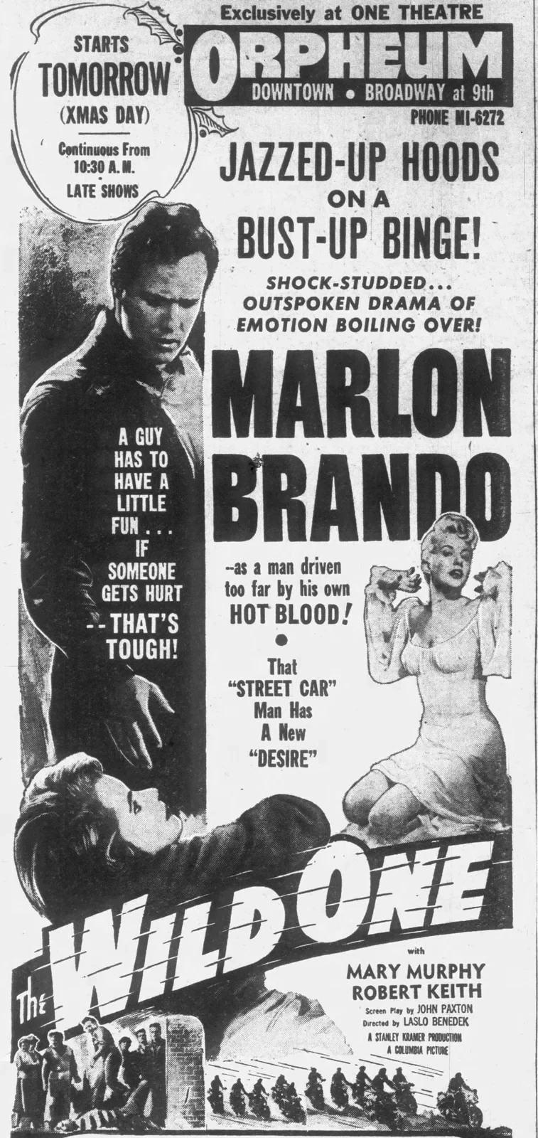 Levi 501 history 1953 cultural moment: The Wild One film advertisement featuring Marlon Brando, the image that moved 501s from blue collar to youth rebellion