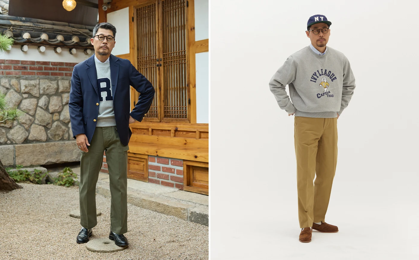 Cinch back chino outfit Look 1 — soft-shouldered navy blazer over R varsity crewneck with olive Pipe Stem chinos at a Seoul hanok (left), and IVY LEAGUE CAPTAIN TRAD sweatshirt with NY cap and Pipe Stem chinos in studio (right)