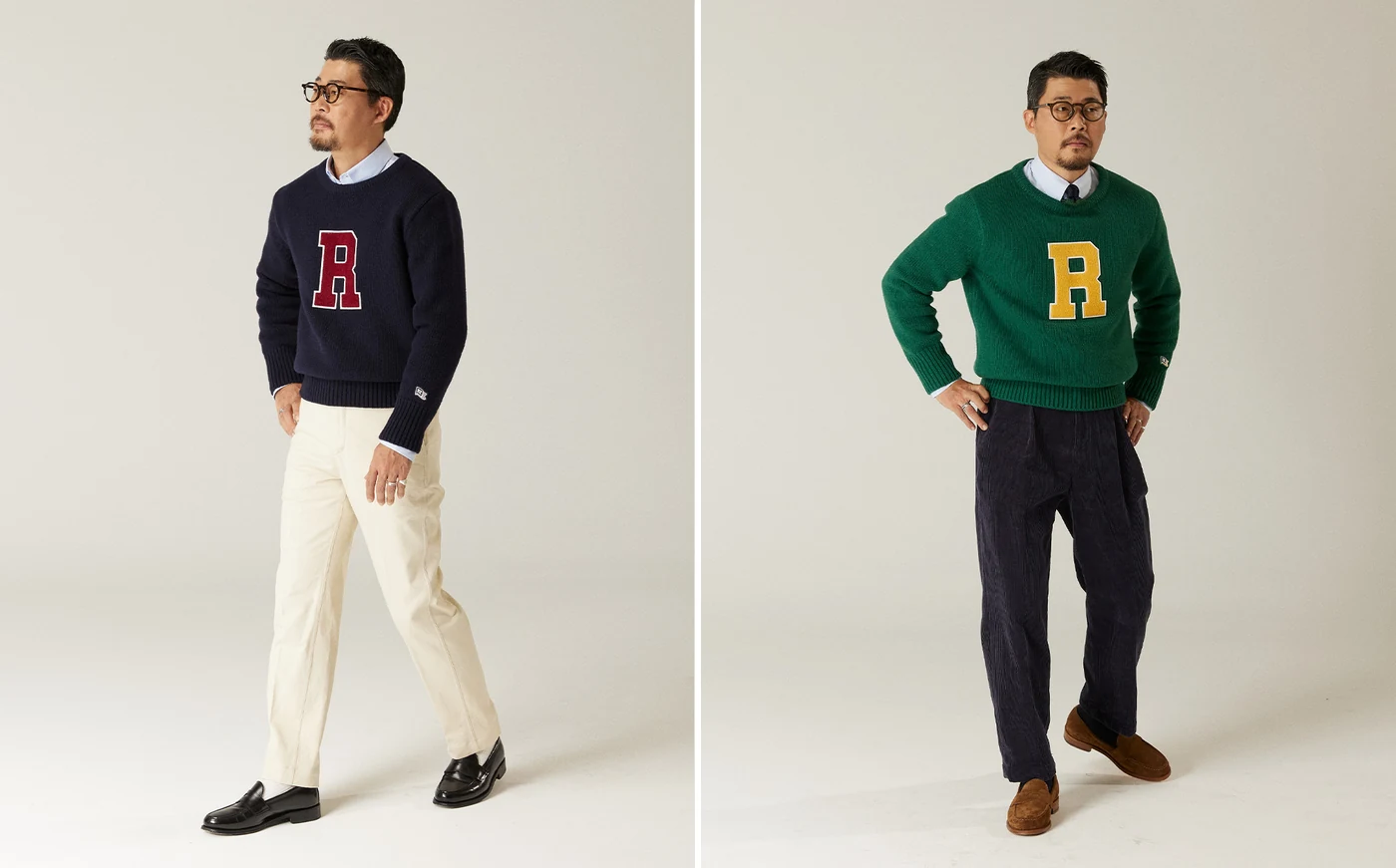 Cinch back chino outfit Look 3 — navy R varsity crewneck over OCBD with cream Pipe Stem chinos and black penny loafers (left), green R varsity crewneck over OCBD with navy corduroy trousers and suede loafers (right)
