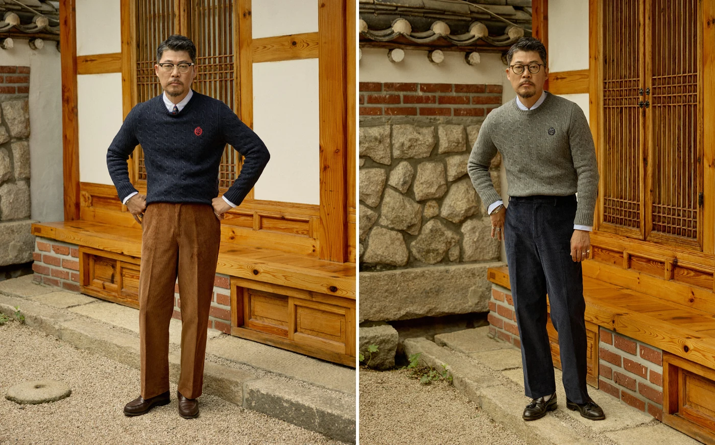 Cinch back chino outfit Look 3 alternate — Shetland-weight crewneck layered over OCBD for a cool-weather Ivy register, two color combinations