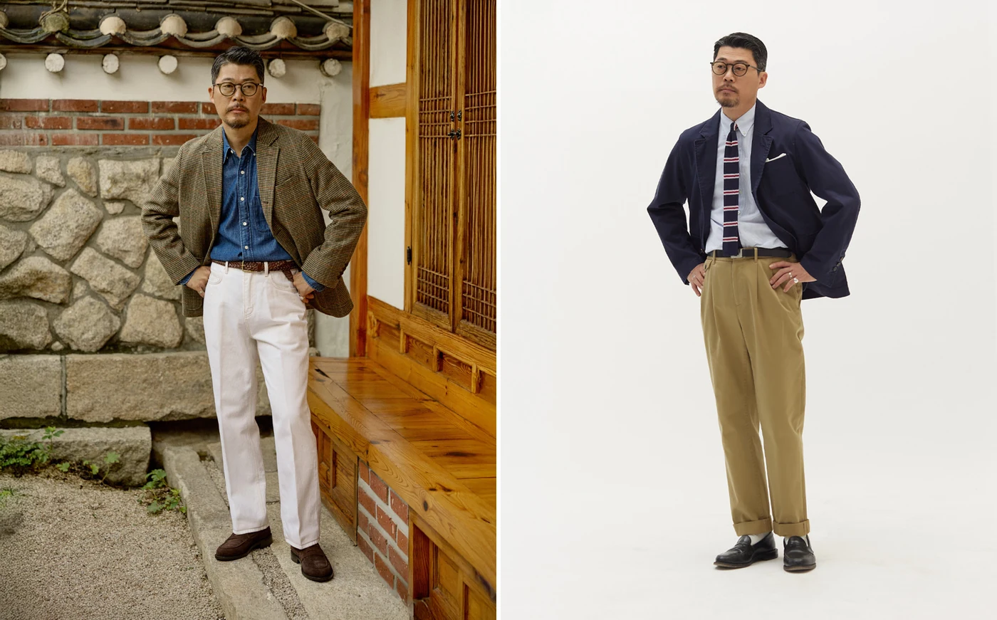 Cinch back chino outfit Look 4 — unstructured sport coat with patterned tweed or hopsack over white OCBD, navy Pipe Stem chinos, and tassel or penny loafers, the smart-casual Ivy formula