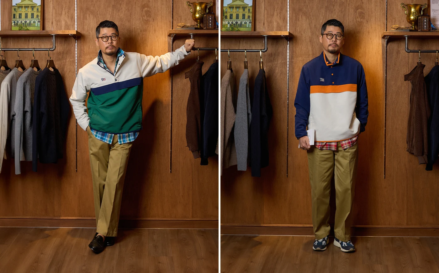 Cinch back chino outfit Look 5 — military anorak layered over rugby collar sweatshirt with Pipe Stem chinos and retro New Balance sneakers, the modern Seoul layering register
