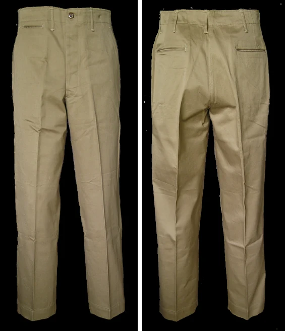 Cinch back chino history origin — 1937 US Army QMC 6-254 khaki cotton trousers, front and back views