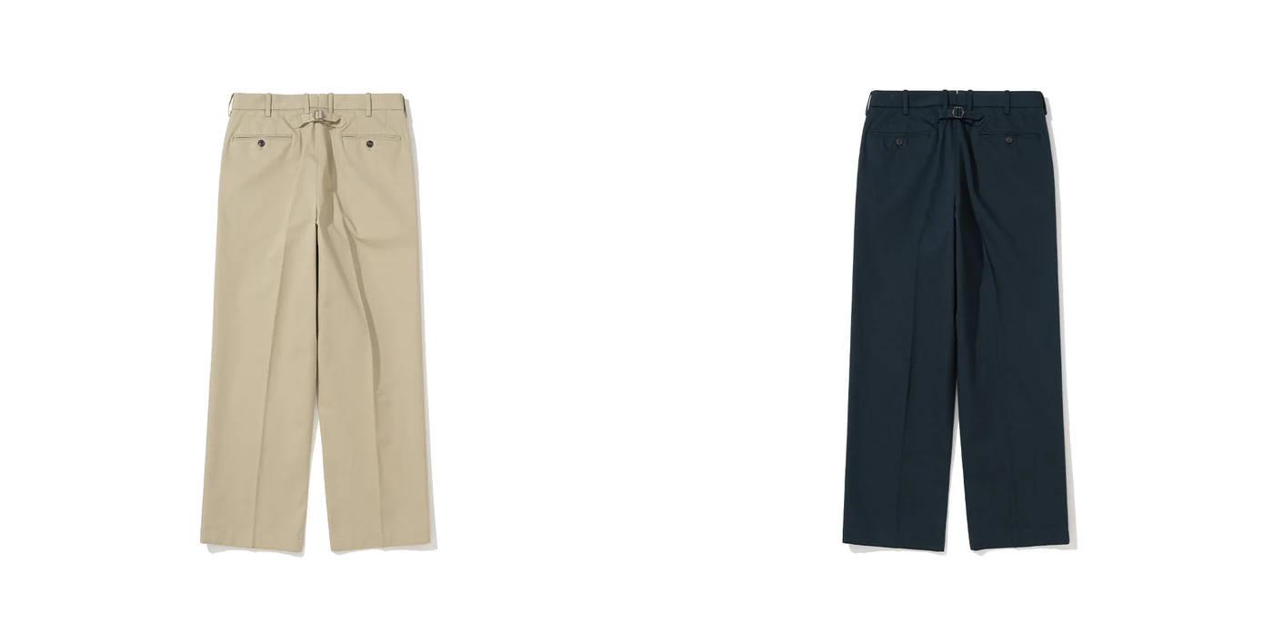 Cinch back chino outfit styling rules — proper cuff length and break on Pipe Stem tapered chinos, with shirt tucked to expose the cinch detail