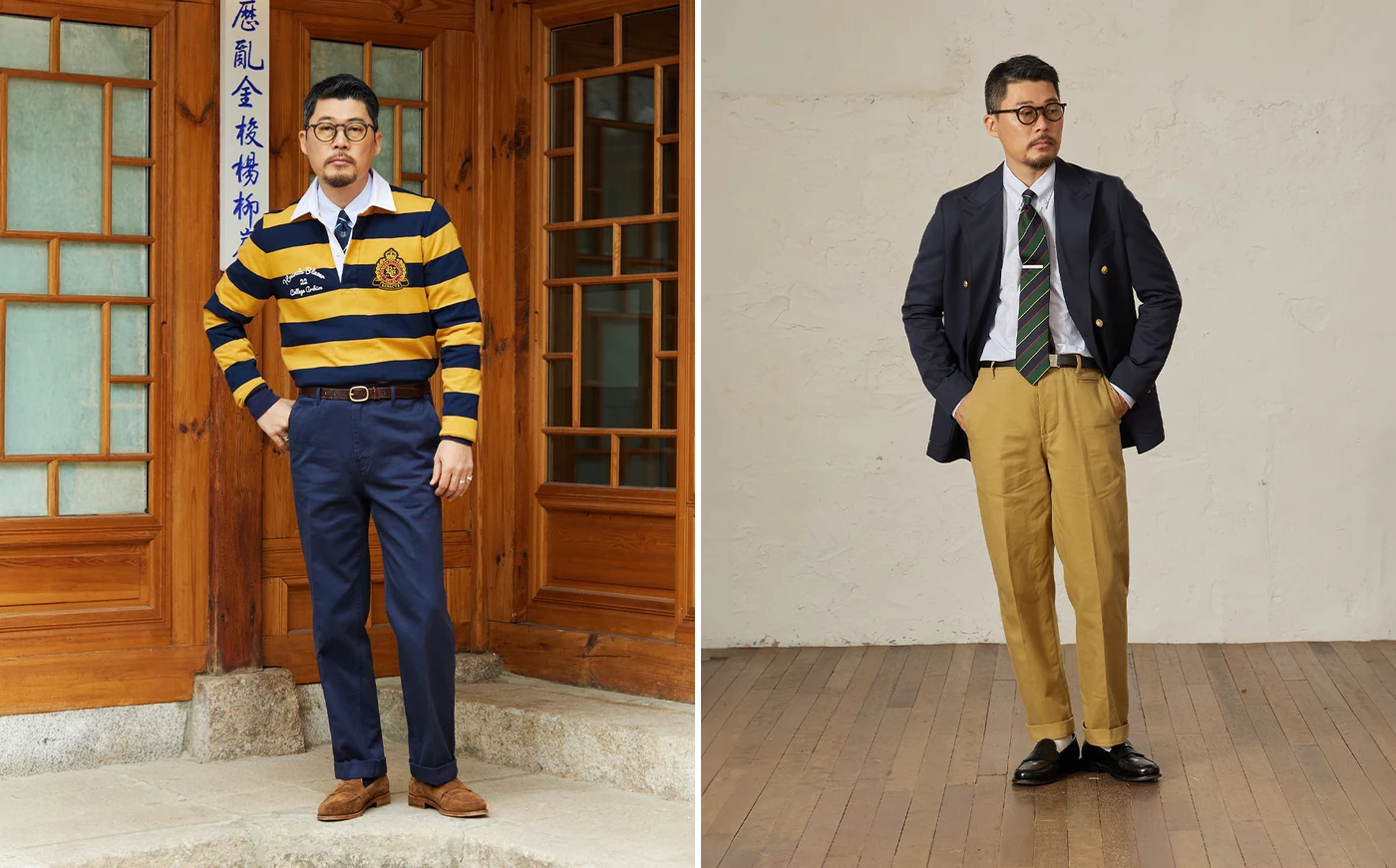 Cinch back chino outfit styling rules — light beige and navy Pipe Stem color pairings with appropriate top-half registers