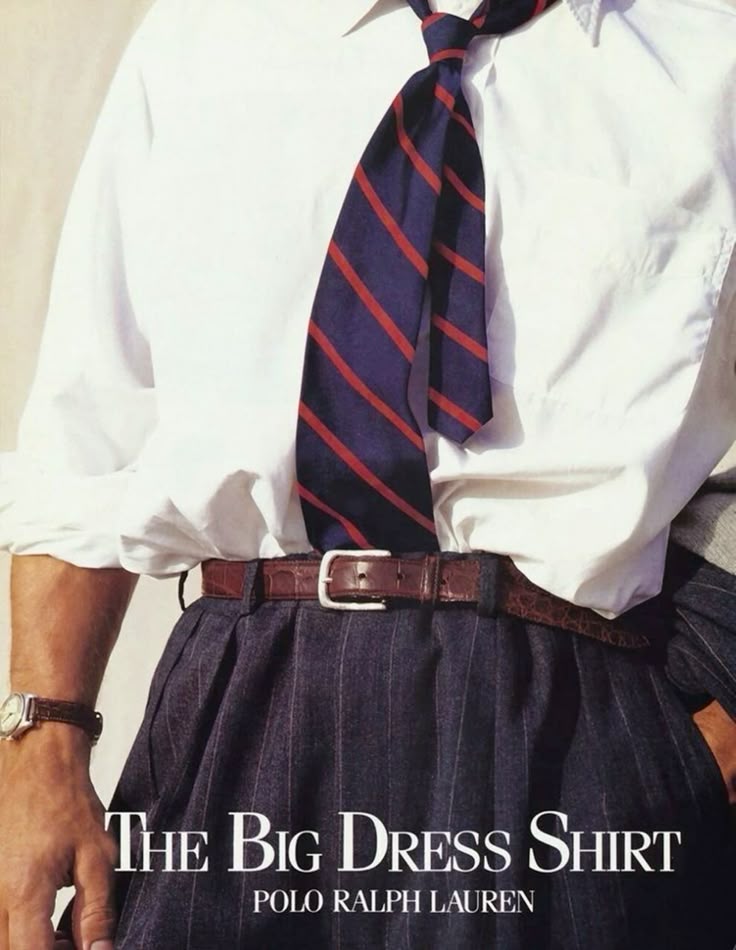 Polo Ralph Lauren vintage advertisement showing wide repp-stripe silk necktie with white dress shirt — the 4-inch tie introduced in 1967 through Beau Brummell Cravat Company
