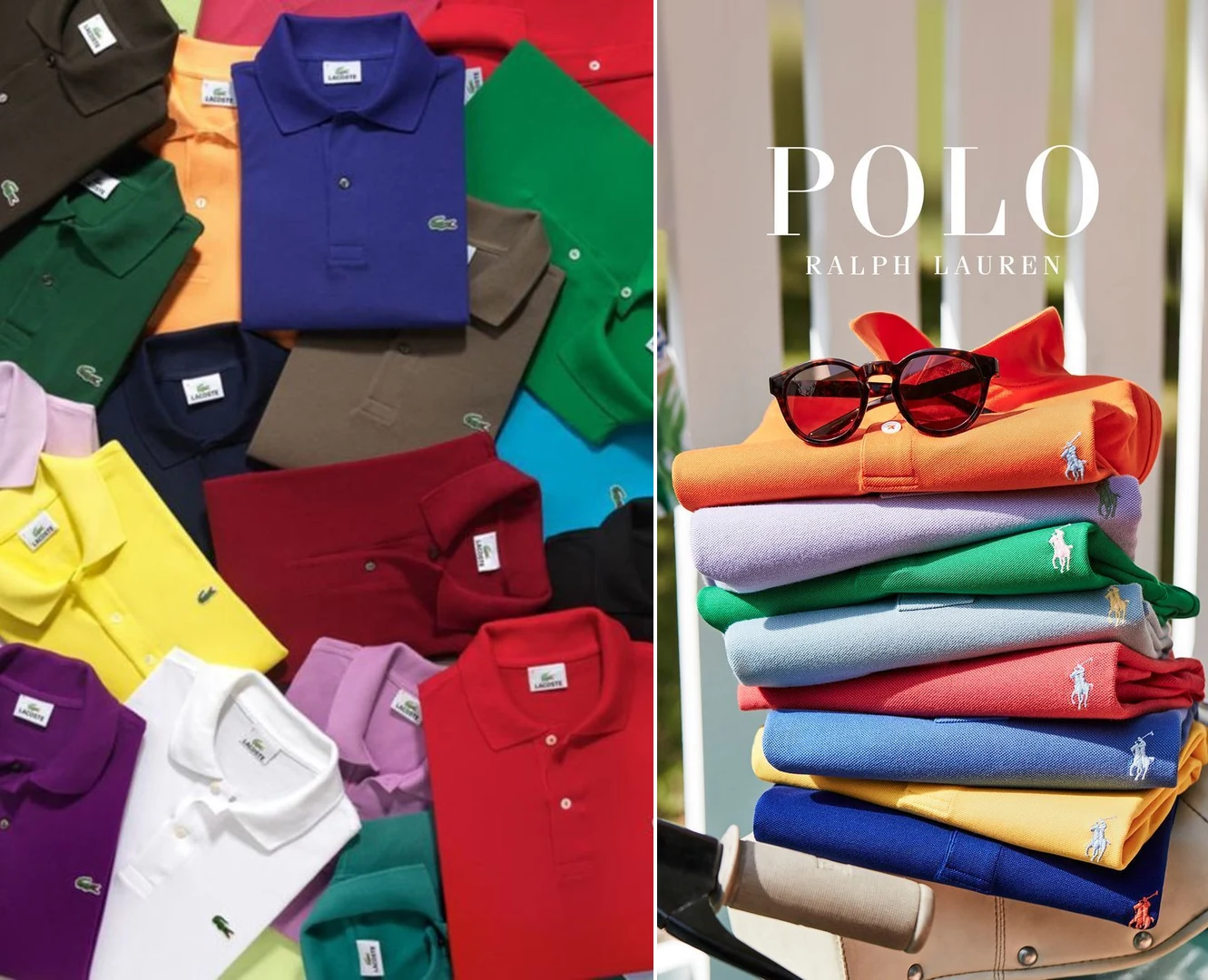 Lacoste polo shirt collection with crocodile logo (left) and Polo Ralph Lauren polo shirt collection with pony logo (right) — America's answer to Lacoste in 1972