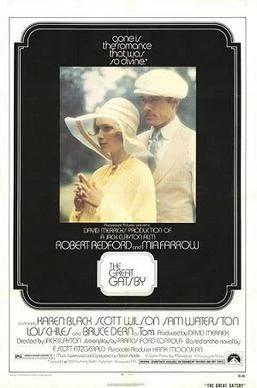 The Great Gatsby (1974) theatrical poster — Robert Redford as Jay Gatsby. Ralph Lauren provided the men's wardrobe; costume credit to Theoni V. Aldredge.