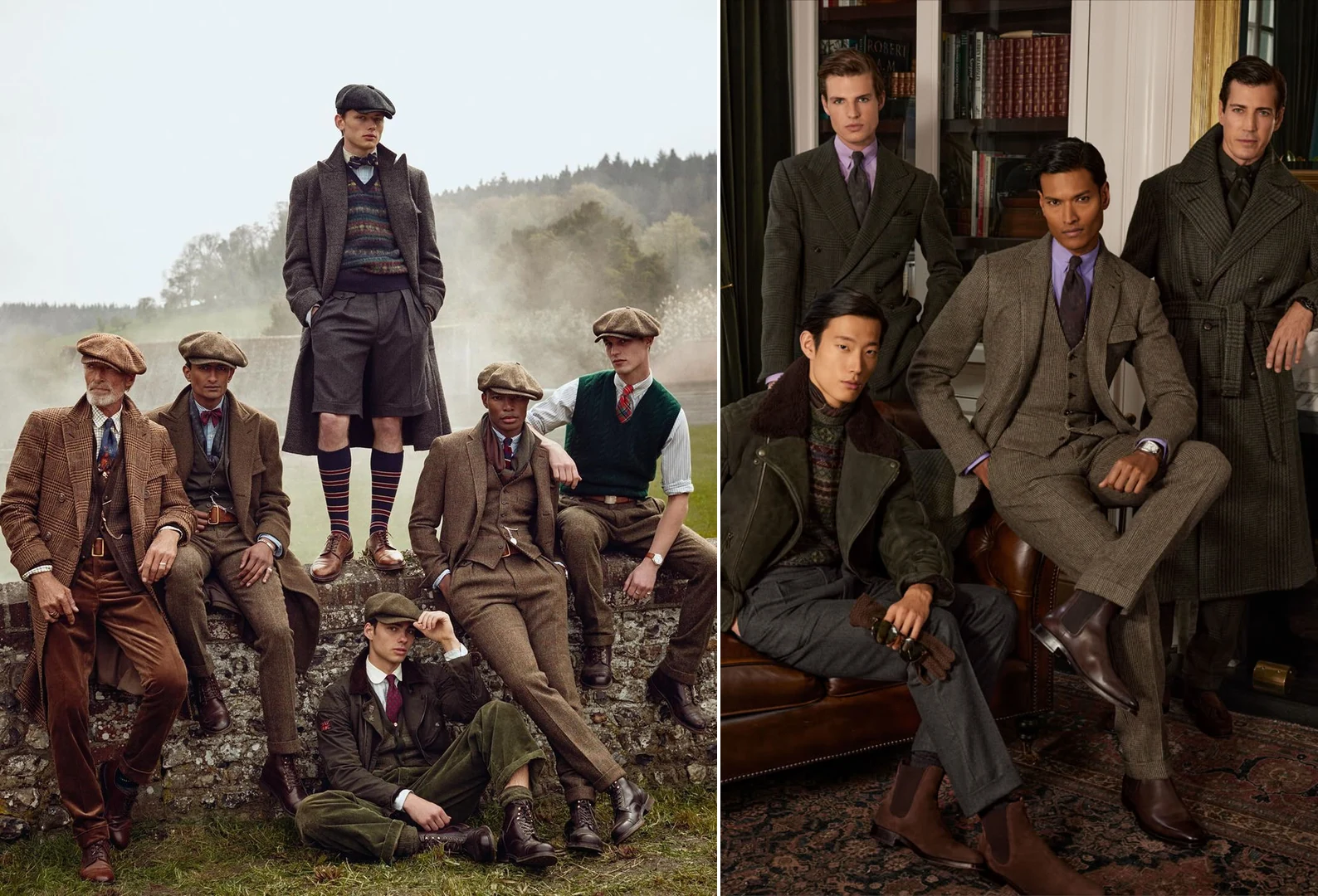 RRL Double RL Ranch vintage Americana campaign with country tweeds (left) and Ralph Lauren Purple Label luxury tailoring in a library setting (right) — two sub-brands splitting the register