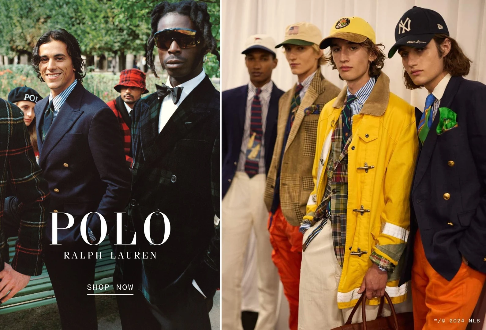 Polo Ralph Lauren campaigns showing diverse Prep looks — tartan jacket and navy double-breasted blazer with gold buttons on the left, and contemporary RL MLB collaboration with Yankees cap and gold-button blazer with orange chino on the right — the visual register where Ralph Lauren actually sits